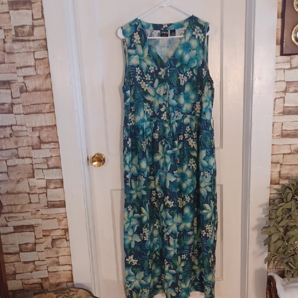Erika Blue and Green Floral Maxi Dress Sleeveless Size Large